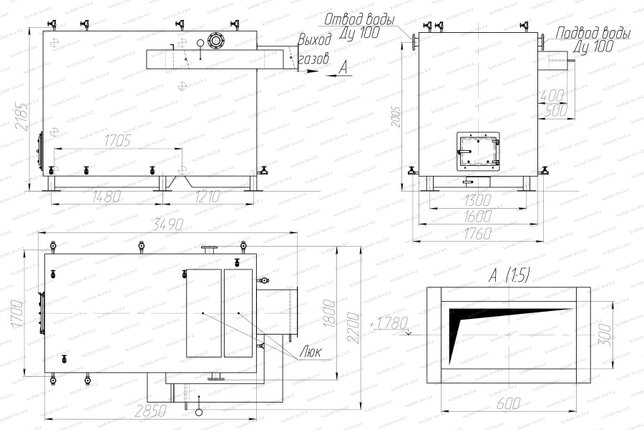 Котел 1250 кВт без дымососа чертеж